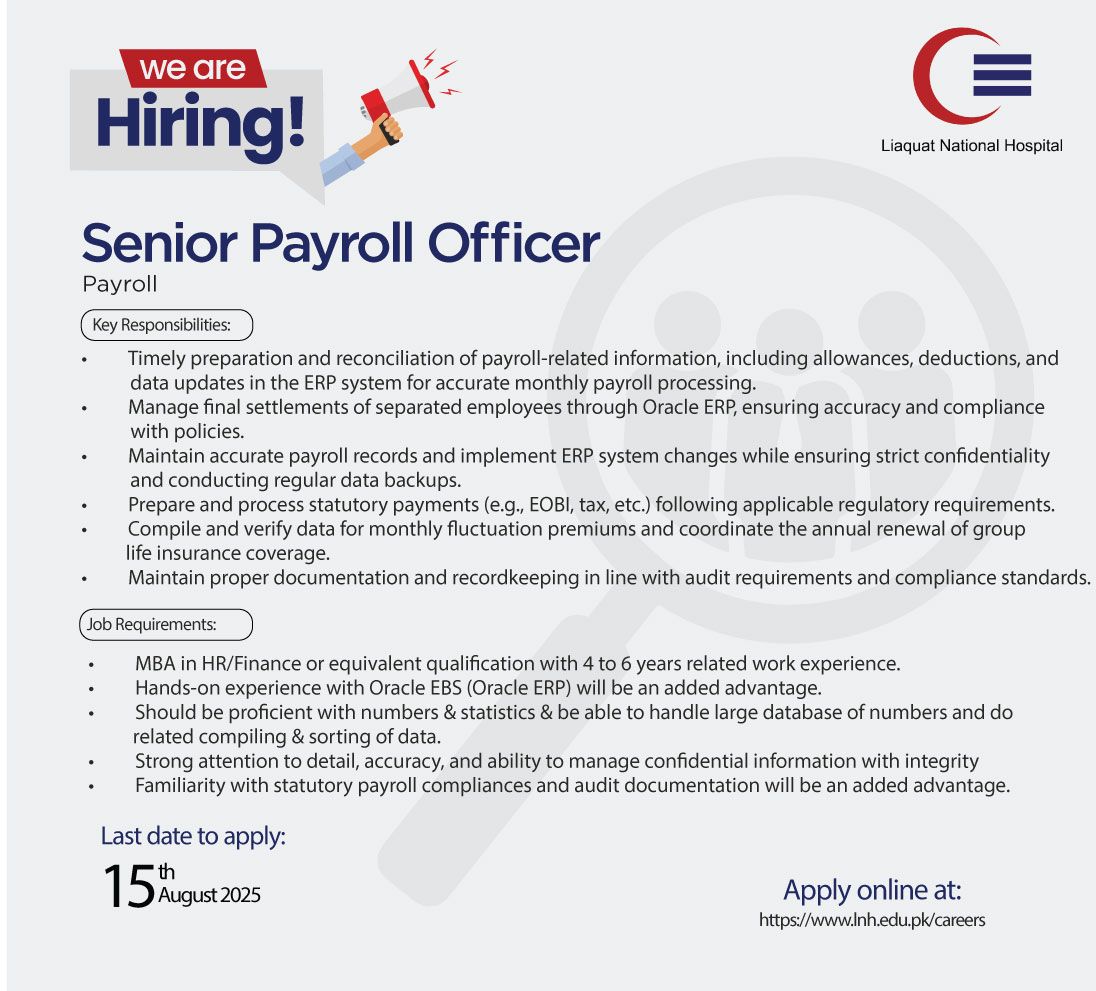 Liaquat National Hospital LNH Jobs Senior Payroll Officer 1