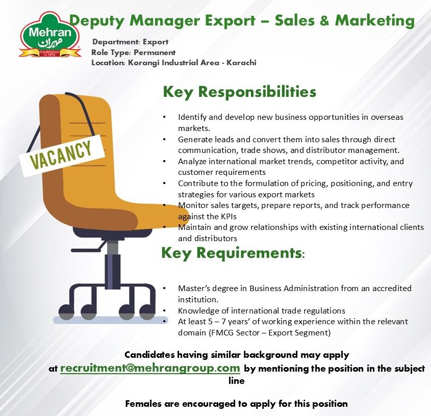 Mehran Group Jobs Deputy Manager Export Sales & Marketing 1