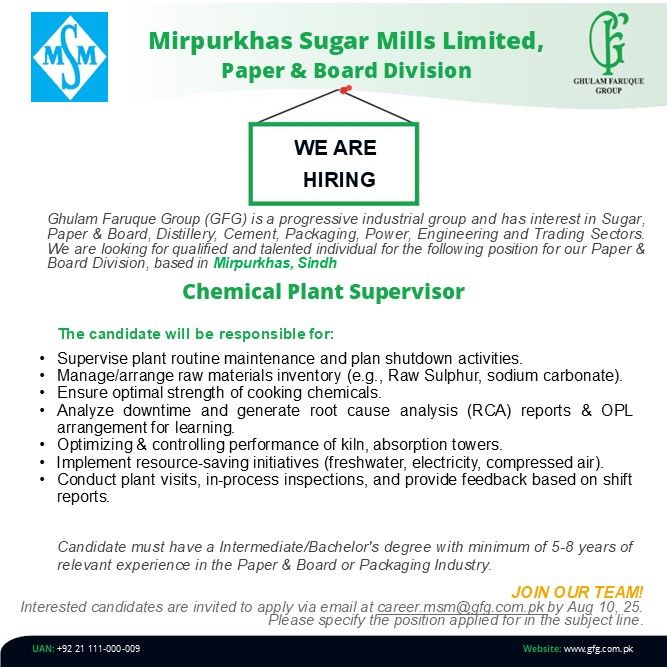 Mirpurkhas Sugar Mills Limited Jobs Chemical Plant Supervisor 1