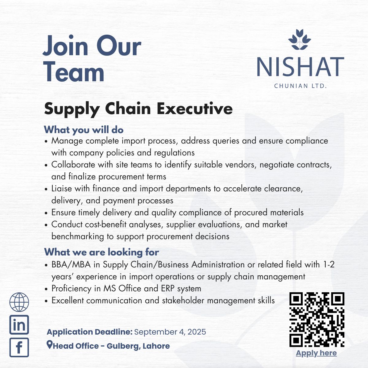 Nishat Chunian Ltd Jobs Supply Chain Executive 1
