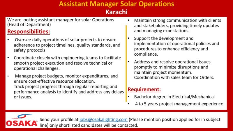 Osaka Lighting Jobs Assistant Manager Solar Operations 1