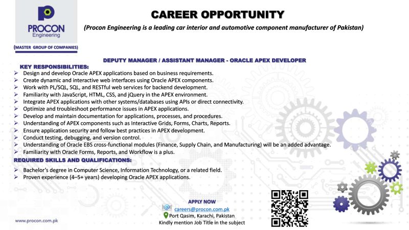 PROCON Engineering Jobs Deputy Manager / Assistant Manager Oracle APEX Developer 1