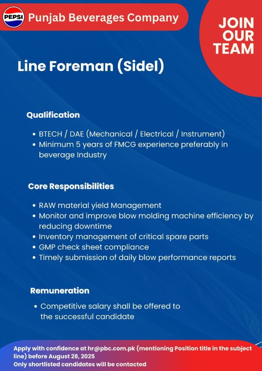 PEPSI Punjab Beverages Company Jobs Line Foreman (Sidel) 1