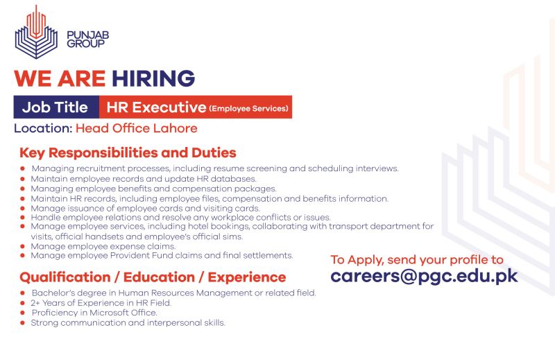 Punjab Group Jobs HR Executive (Employee Services) 1