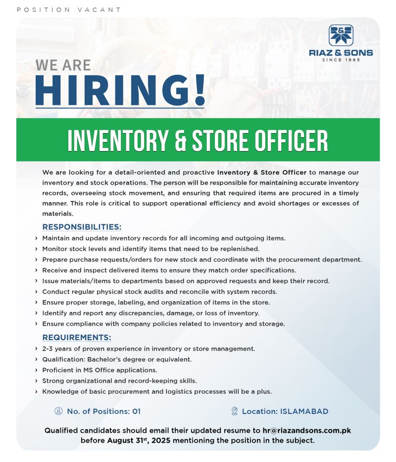 Riaz & Sons Jobs Inventory & Store Officer 1