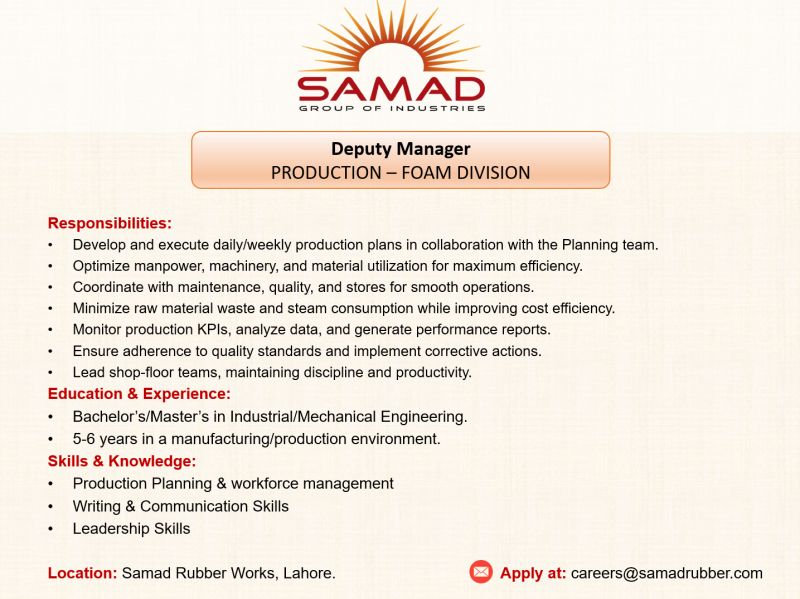 Samad Group Of Industries Jobs Deputy Manager Production 1