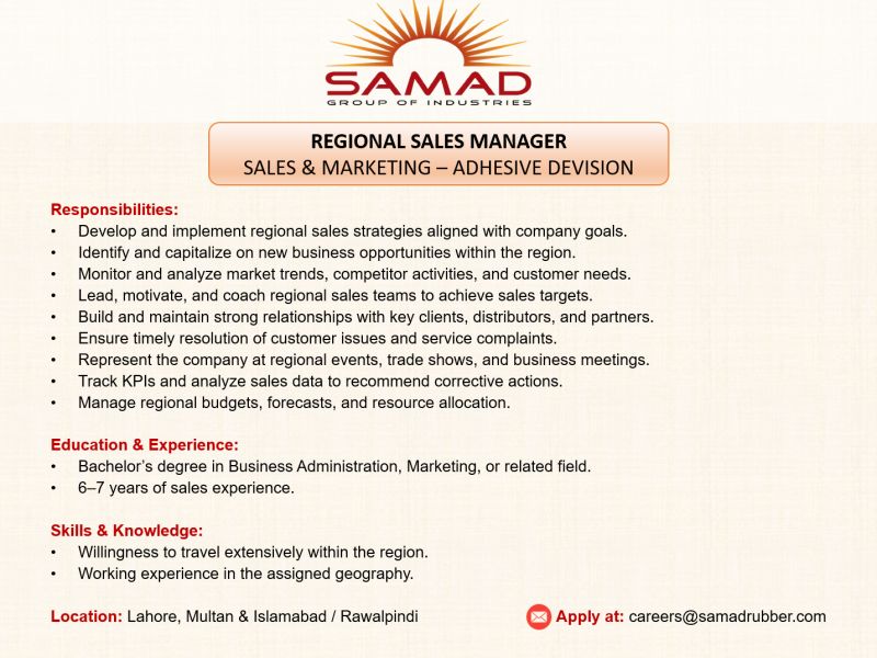 Samad Group Of Industries Jobs Regional Sales Manager 1