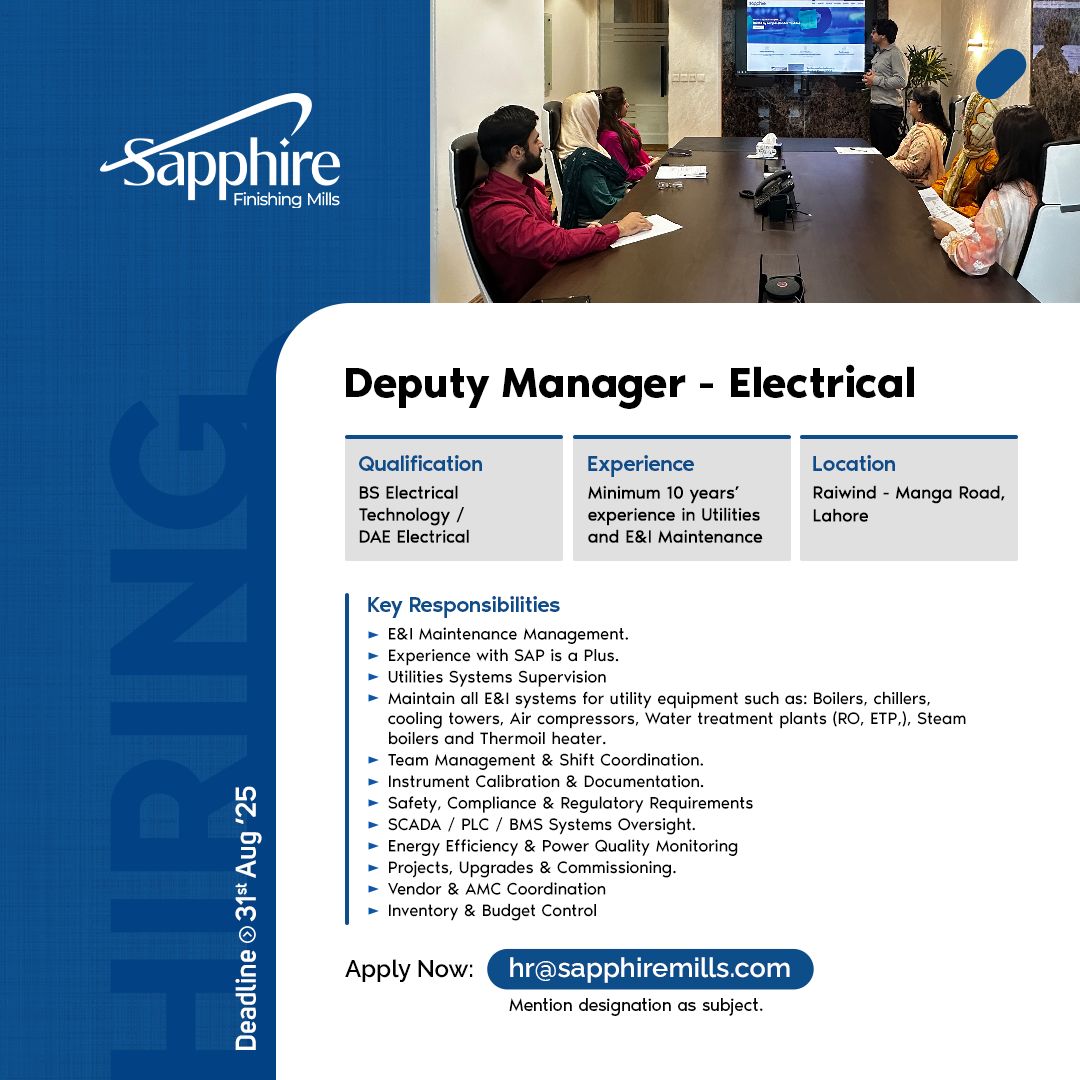Sapphire Finishing Mills Jobs Deputy Manager Electrical 1