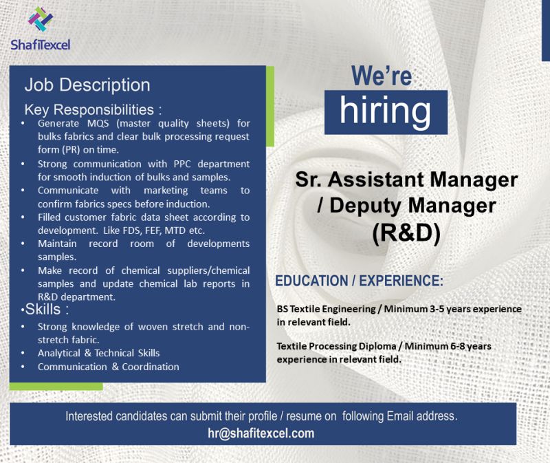 Shafi Texcel Pvt Ltd Jobs Sr Assistant Manager / Deputy Manager (R&D) 1
