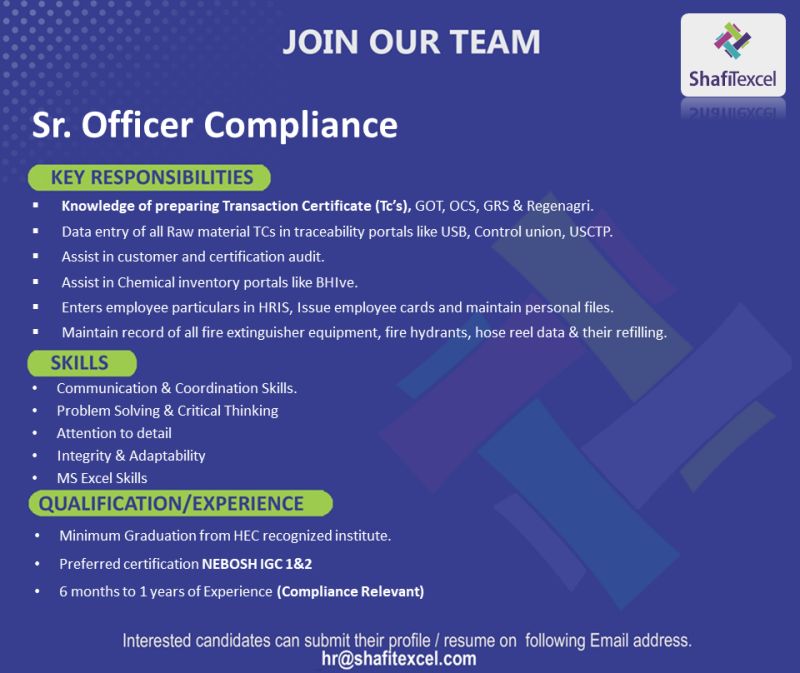 Shafi Texcel Pvt Ltd Jobs Sr Officer Compliance 1