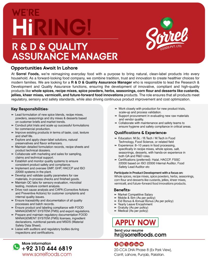 Sorrel Foods Private Limited Jobs R&D & QA Manager 1