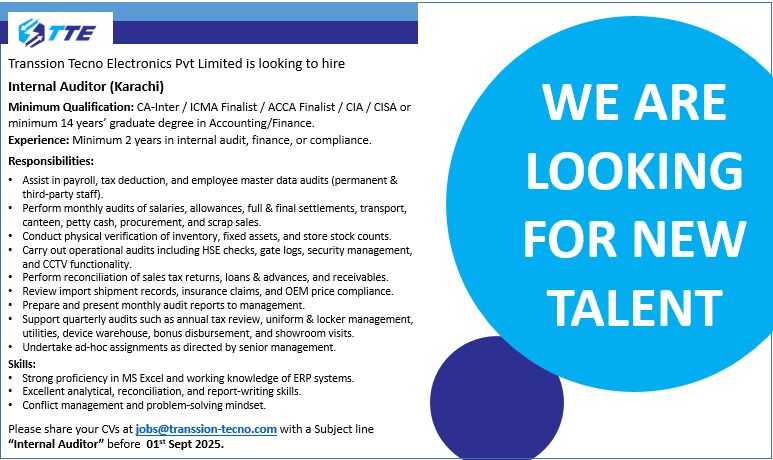 Transsion Tecno Electronics (Pvt) Ltd Jobs Internal Auditor 1