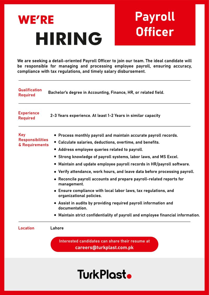 Turkplast Pvt Ltd Jobs Payroll Officer 1