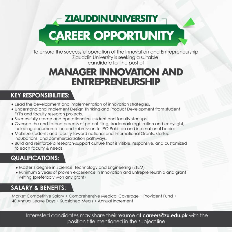 Ziauddin University Jobs Manager Innovation & Entrepreneurship 1