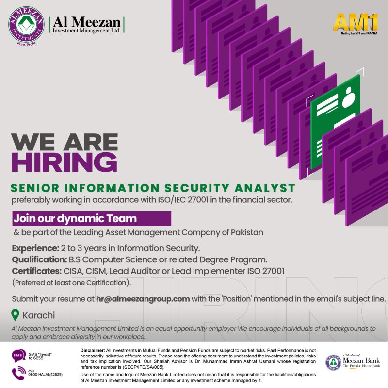 Al Meezan Investments Management Ltd Jobs Senior Information Security Analyst 1