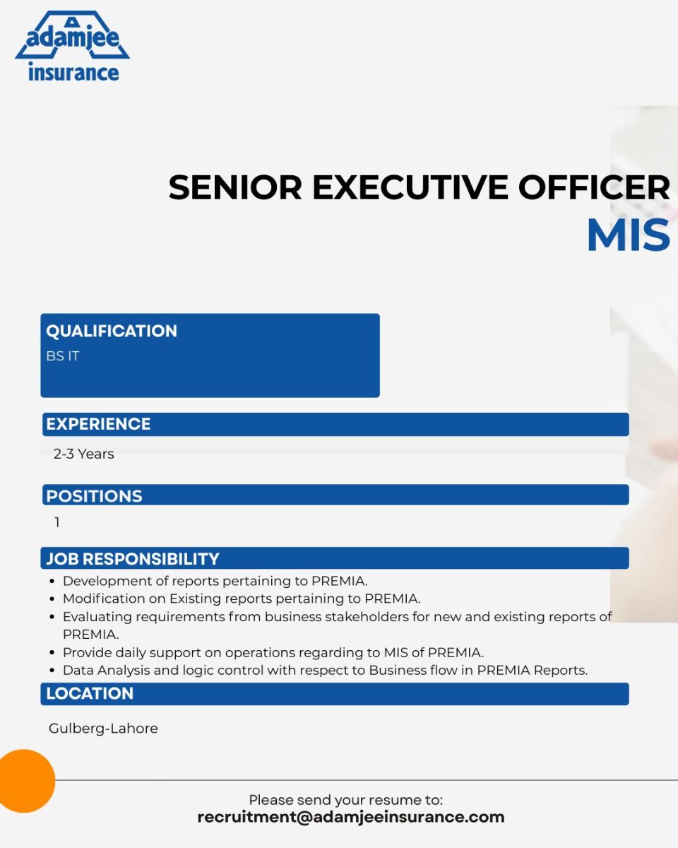 Adamjee Insurance Company Jobs Senior Executive Officer MIS 1