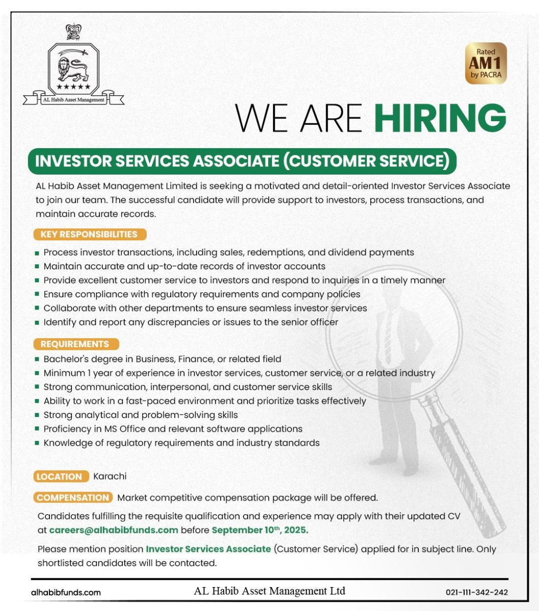 AL Habib Asset Management Limited Jobs Investor Services Associate (Customer Service) 1