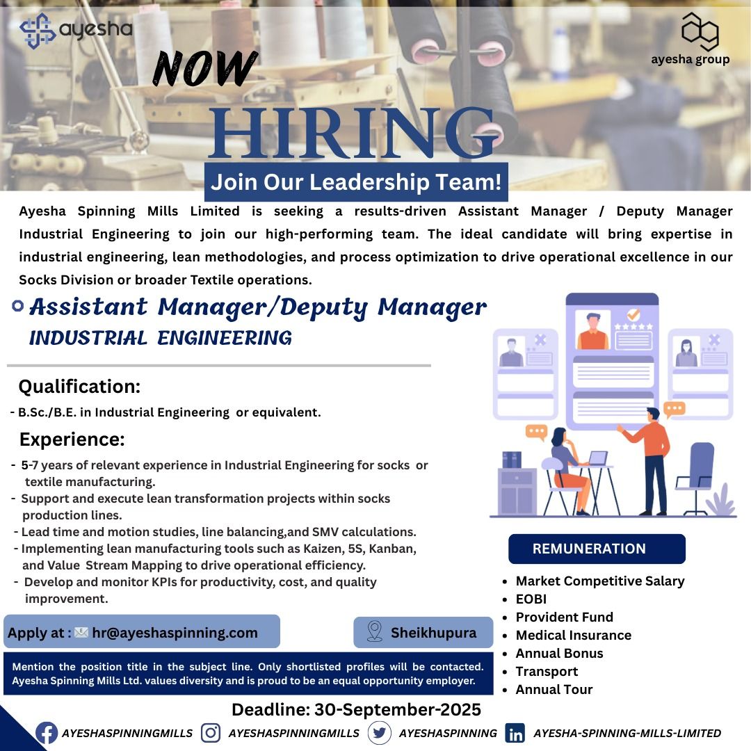 Ayesha Spinning Mills Limited Jobs Assistant Manager / Deputy Manager Industrial Engineering 1