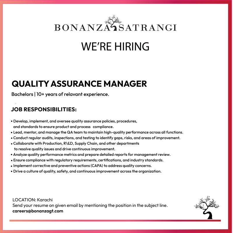 Bonanza Satrangi Jobs Quality Assurance Manager 1