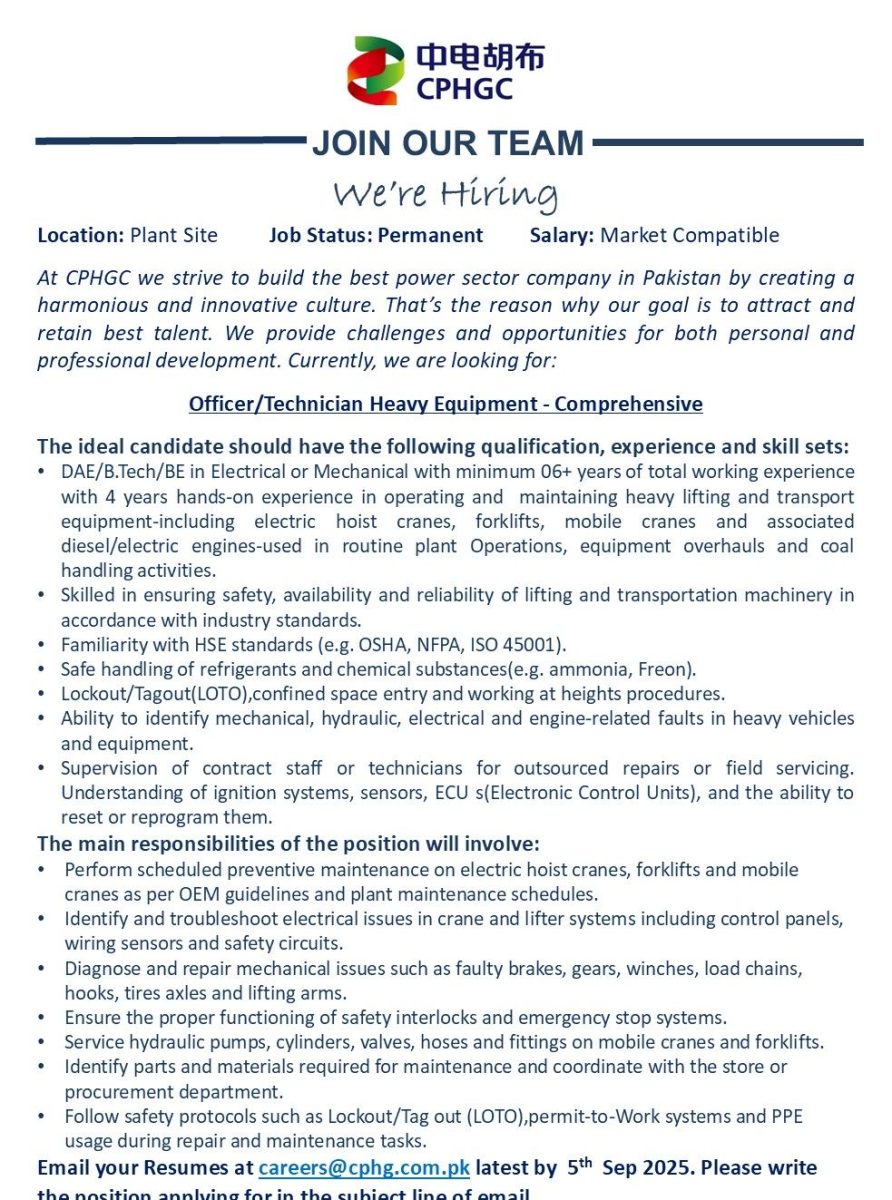 China Power Hub Generation Company CPHGC Jobs Officer/Technician Heavy Equipment Comprehensive 1