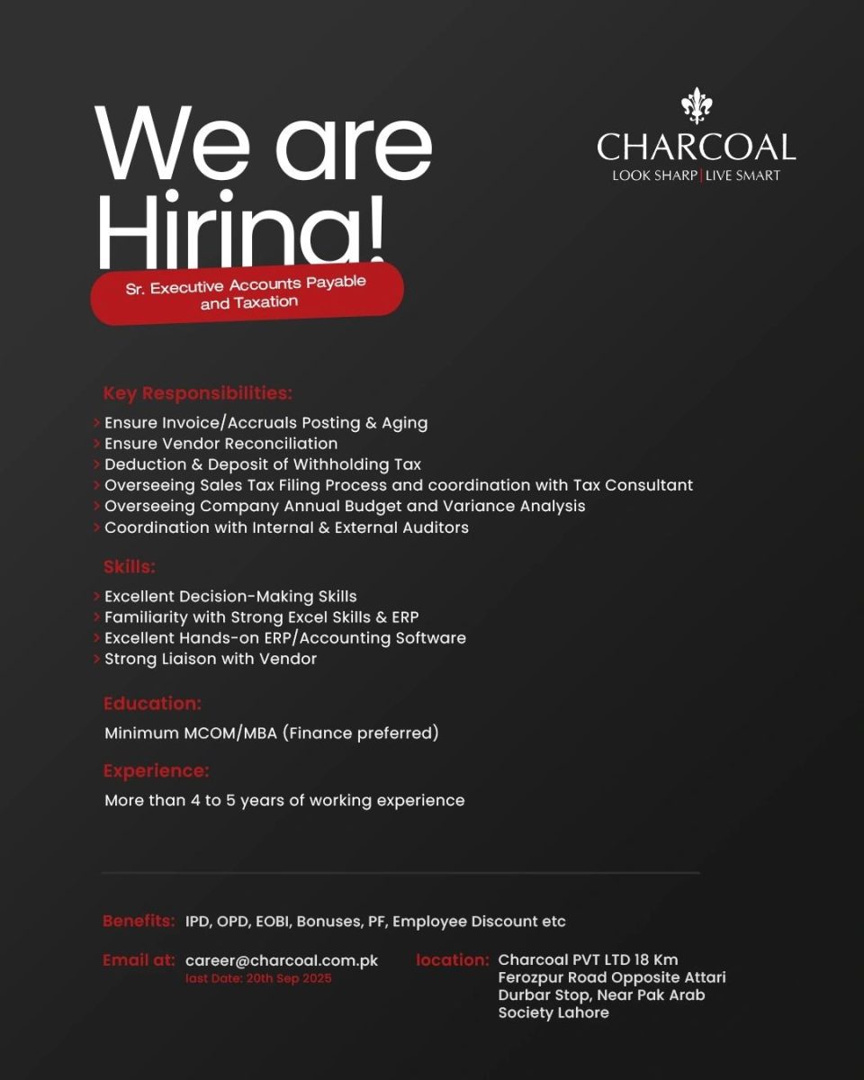 Charcoal Pvt Ltd Jobs Sr Executive Accounts Payable & Taxation 1