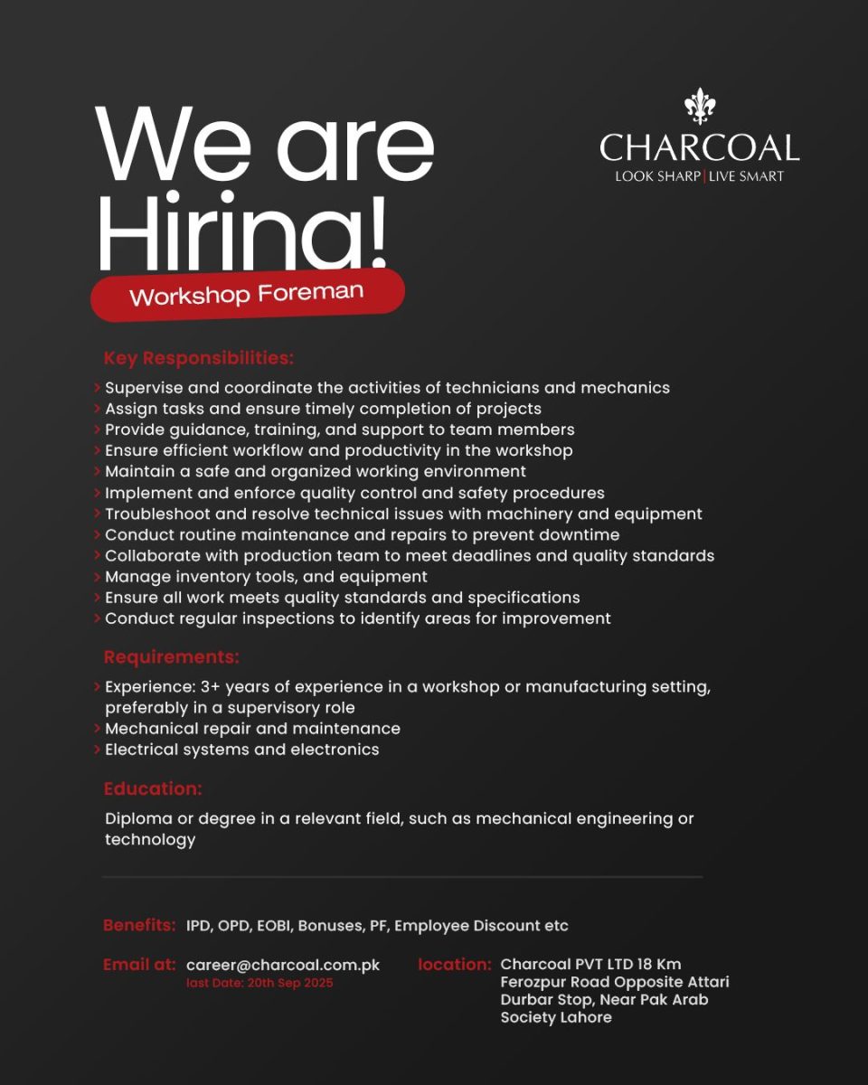 Charcoal Pvt Ltd Jobs Workshop Foreman 1
