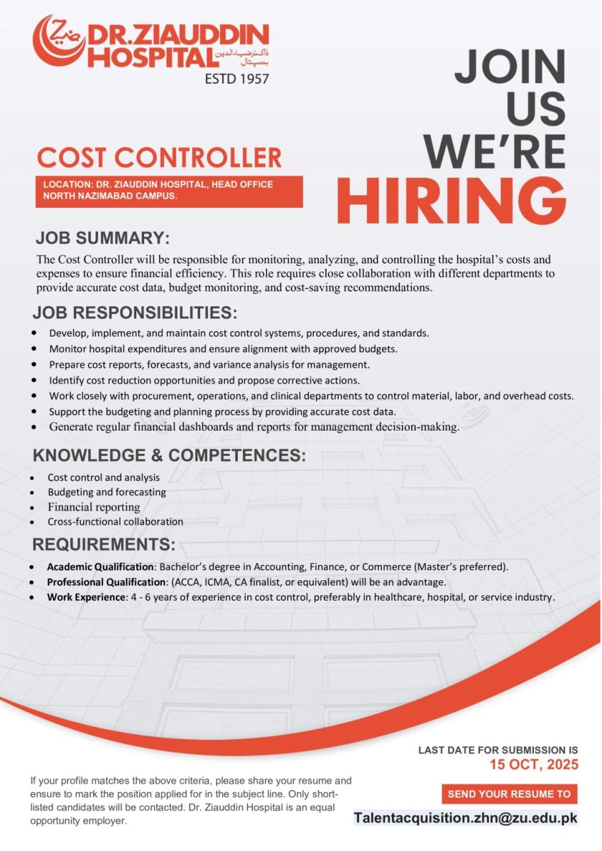 Dr Ziauddin Hospital Jobs Cost Controller 1