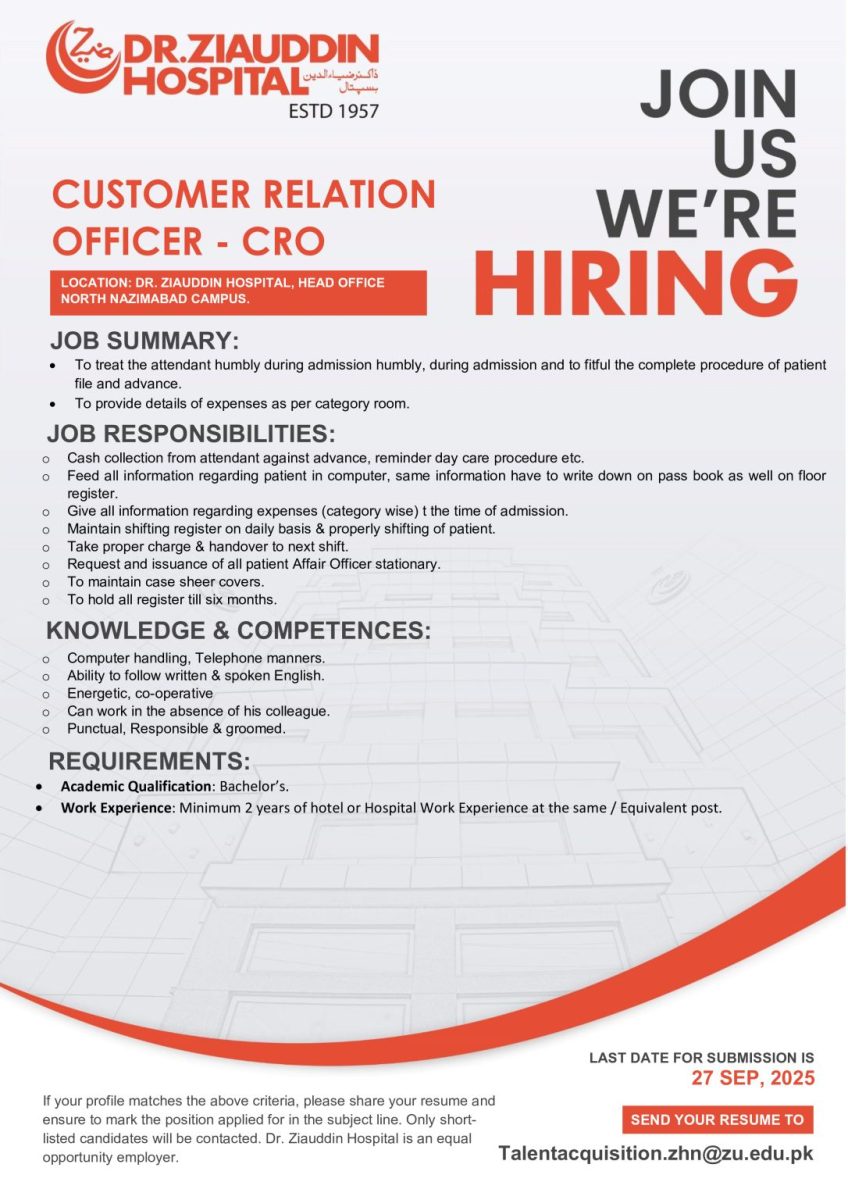 Dr Ziauddin Hospital Jobs Customer Relation Officer CRO 1
