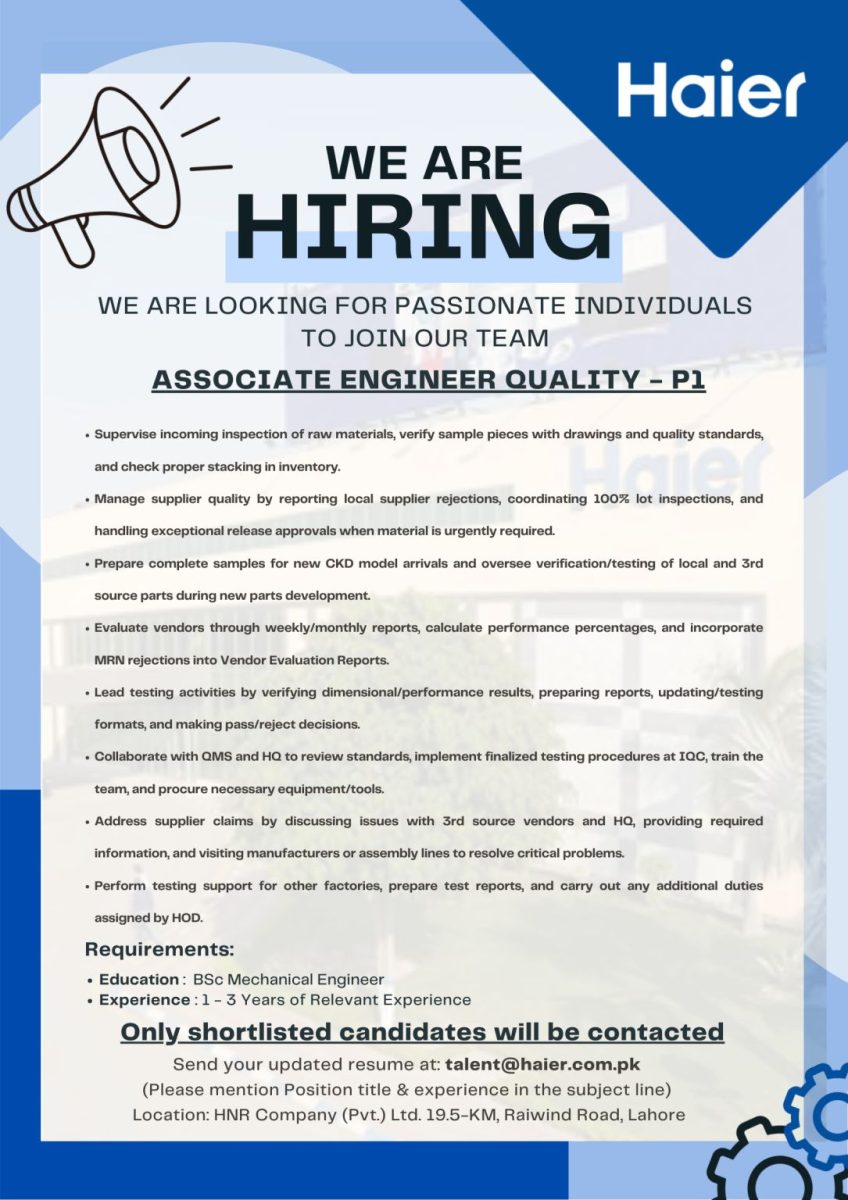 Haier Pakistan Jobs Associate Quality Engineer P1 1