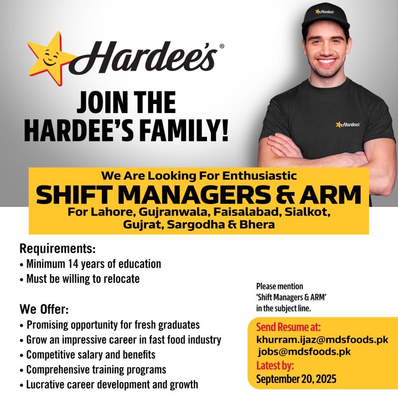 Hardees Pakistan Jobs Shift Managers & ARMs 1