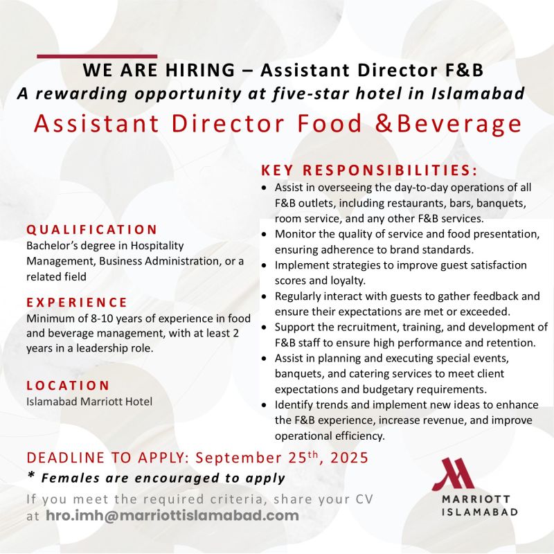 Islamabad Marriott Hotel Jobs Assistant Director Food & Beverages 1