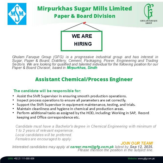 Mirpurkhas Sugar Mills Limited Jobs Assistant Chemical/Process Engineer 1