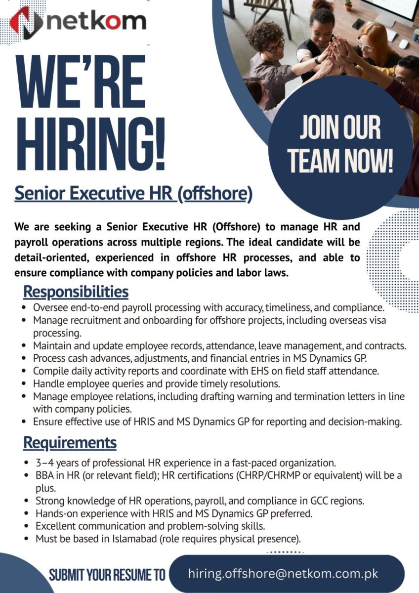 Netkom Technologies Pvt Ltd Jobs Senior Executive HR Offshore 1