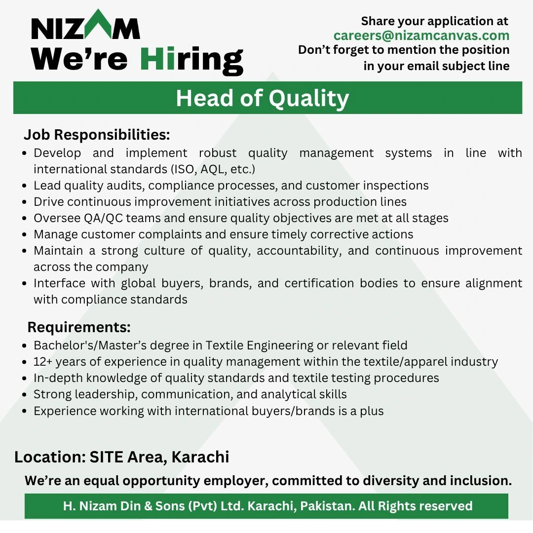 H. Nizam Din & Sons (Pvt) Ltd Jobs Head of Quality 1