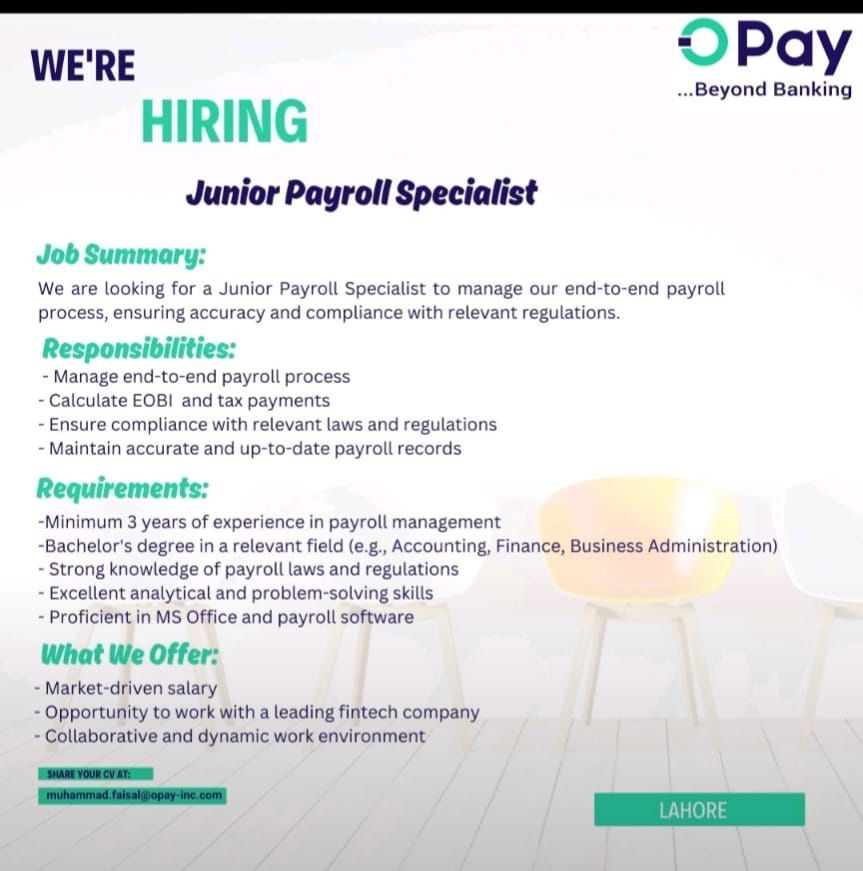 OPay Pakistan Jobs Junior Payroll Specialist 1