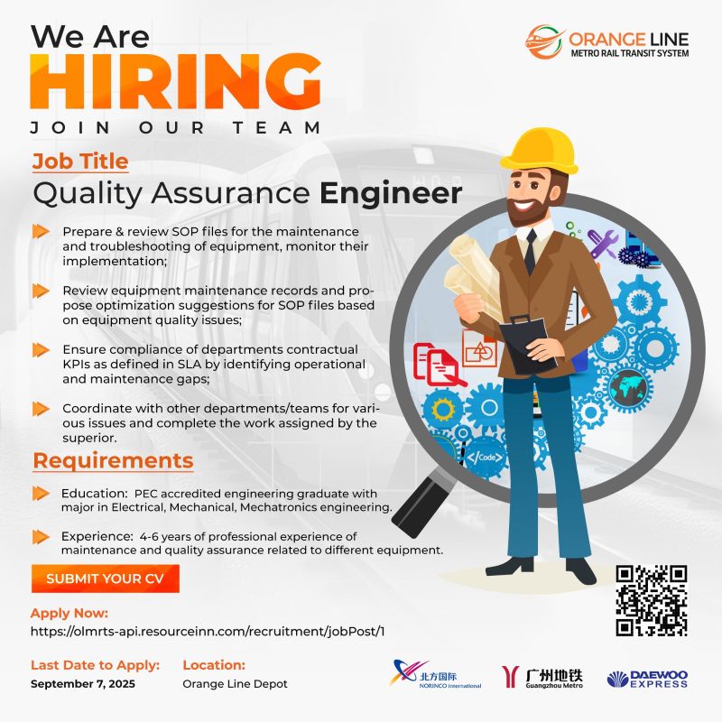 Orange Line Metro Rail Transit System (OLMRTS) Jobs Quality Assurance Engineer 1