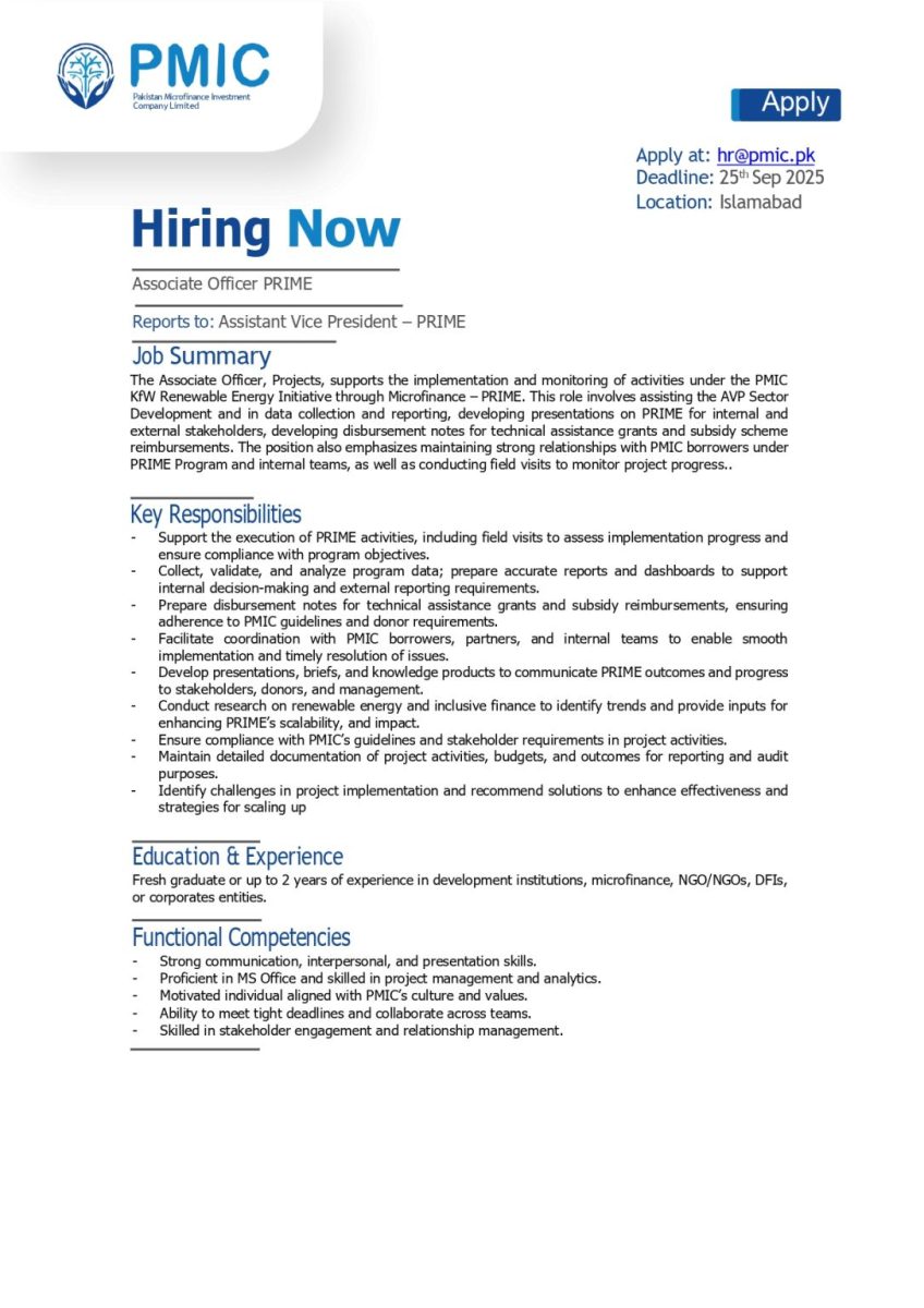PMIC Pakistan Microfinance Investment Company Limited Jobs Associate Officer PRIME 1
