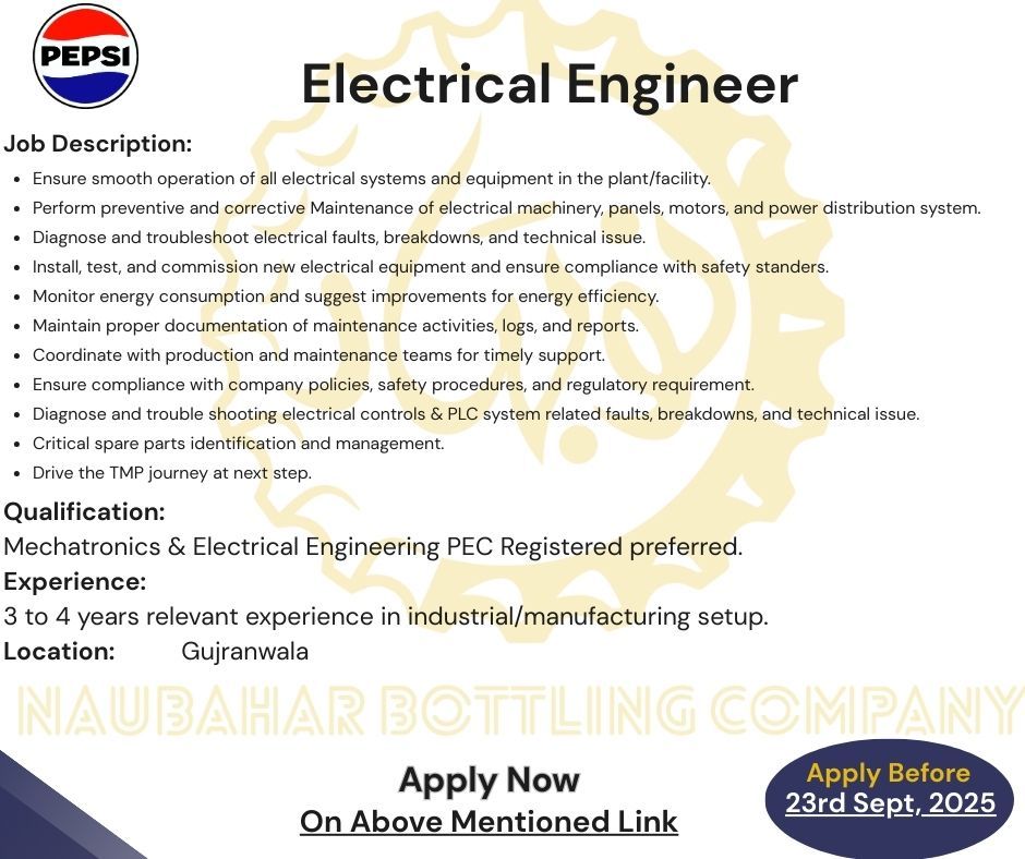 Pepsi Naubahar Bottling Company Jobs Electrical Engineer 1