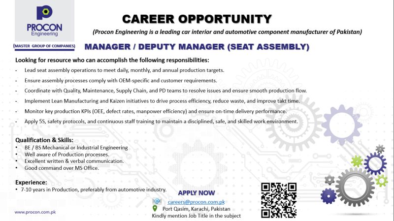 Procon Engineering Jobs Manager / Deputy Manager (Seat Assembly) 1