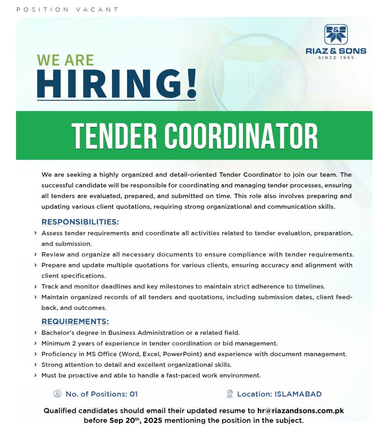 Riaz & Sons Jobs Tender Coordinator 1