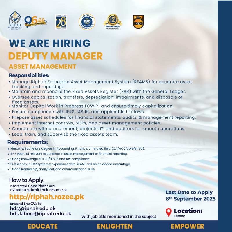 Riphah International University Jobs Deputy Manager Asset Management 1