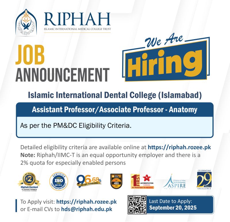 Riphah Islamic International Medical College Trust Jobs Assistant Professor/Associate Professor Anatomy 1