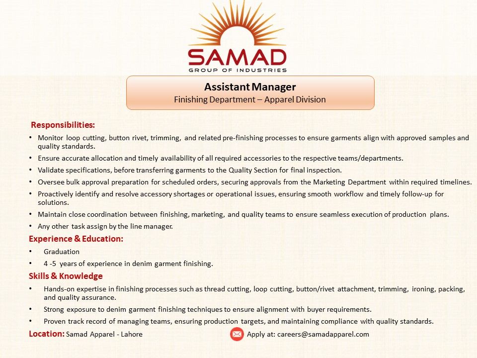 Samad Apparel Pvt Ltd Jobs Assistant Manager 1