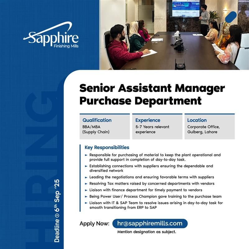 Sapphire Finishing Mills Jobs Sr Assistant Manager 1