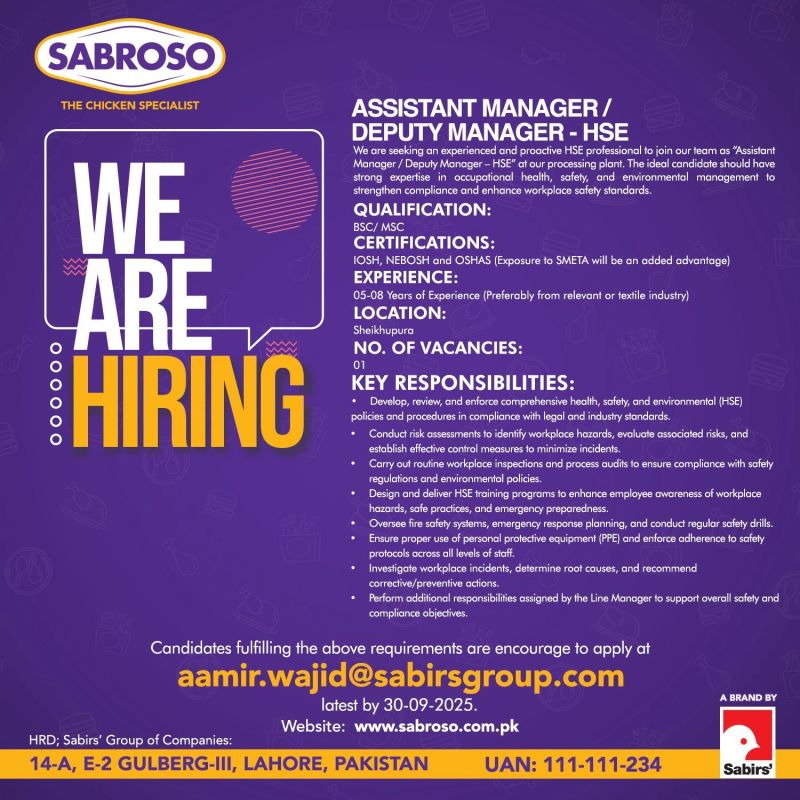 Sabroso Pakistan Jobs Assistant Manager / Deputy Manager HSE 1