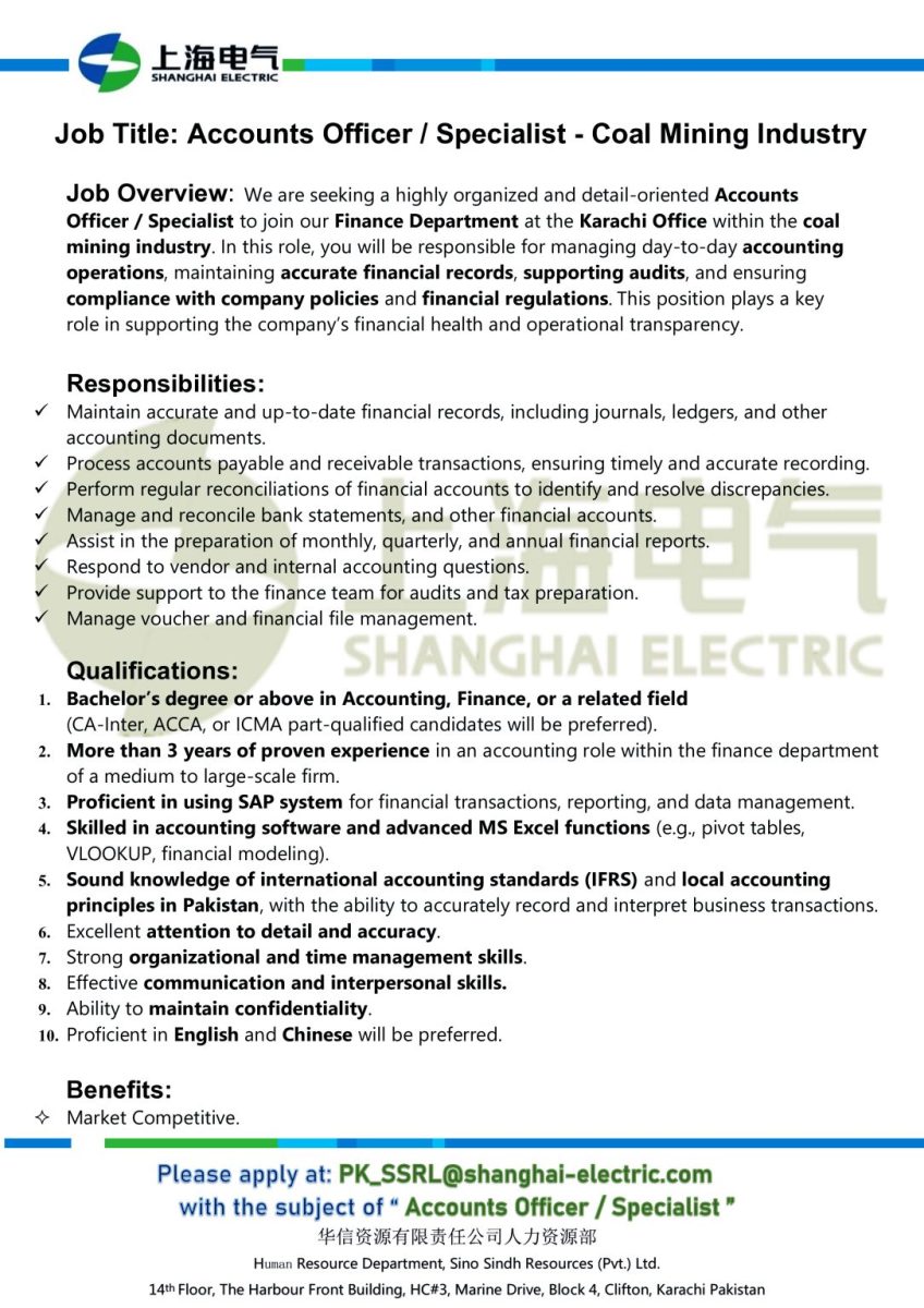 Shanghai Electric Pvt Ltd Jobs Accounts Officer / Specialist 1