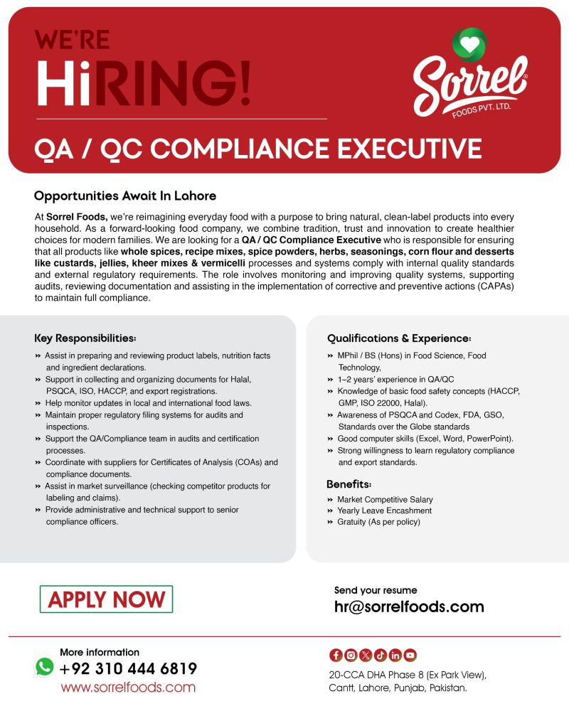 Sorrel Foods Pvt Ltd Jobs QA / QC Compliance Executive 1