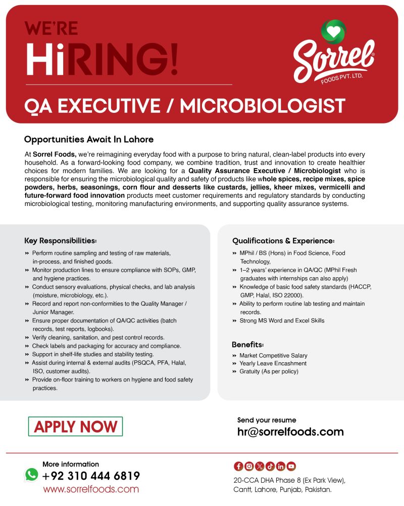 Sorrel Foods Private Limited Jobs QA Executive / Microbiologist 1