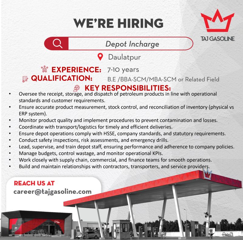 Taj Gasoline Jobs Depot Incharge 1