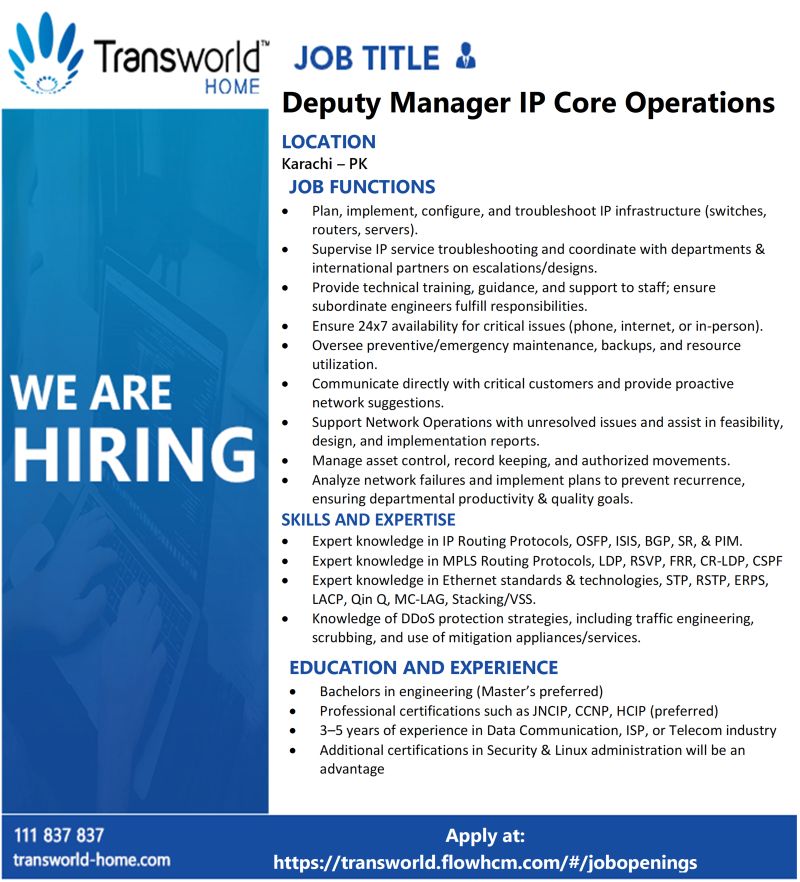 Transworld Home Jobs Deputy Manager IP Core Operations 1